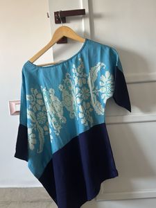 One shoulder Blue Asymmetrical Tunic Top