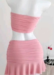 Chic Pink Ruffle Tube Top &amp; Skirt Set