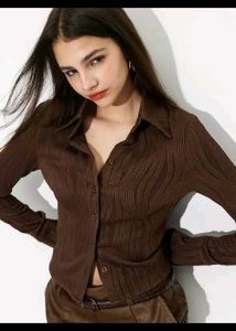 Brown Ribbed Button-Up Shirt