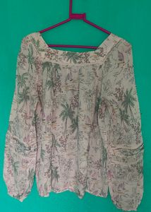Floral Square Neck Balloon White Western Top | XL |