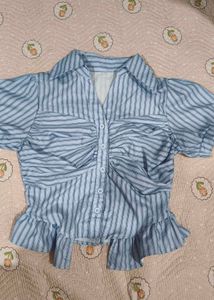 Chic Blue Striped Ruched Shirt