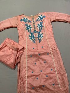 Elegant Pink Kurta Set with Blue Embroidery