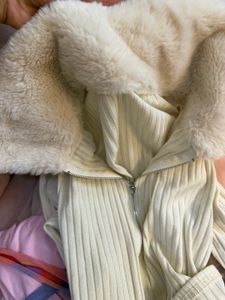 Cream Ribbed Zip-Up Top with Fur Collar