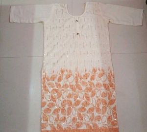 Elegant White Kurta with Orange Leaf Print