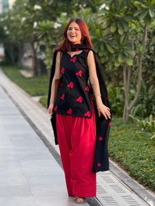 Black Farshi Salwar Kurta Set with Red Heart Print