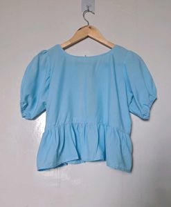 Chic Blue Puff Sleeve Peplum Top