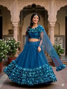 🦚 Ocean Blue 3D Floral Lehenga Choli Set ✨