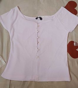 Light Pink Button-Up off shouldered Cropped Top