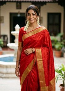 Beautiful Red Silk Saree with Gold Border