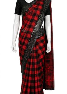 Red & Black Plaid Saree with Embellished Border