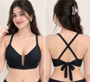 Black Ribbed V-Neck Bra with Bow Back