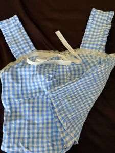 Blue Gingham Ruffle Strap Crop Top