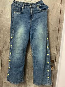 Button Detail Wide Leg Jeans