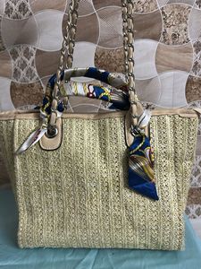 Chic Straw Tote Bag with Scarf Accent
