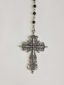 Black Beaded Rosary Necklace