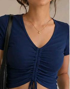 Blue Ruched Drawstring V-Neck Crop Top