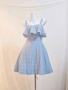 y2k Blue Gingham Off-Shoulder Dress