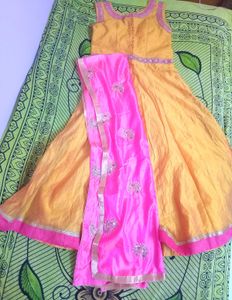 Yellow Anarkali Dress with Pink Dupatta