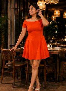 Off-Shoulder Orange Flare Dress