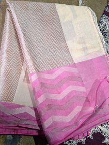 Elegant Cream &amp; Pink Woven Silk Saree