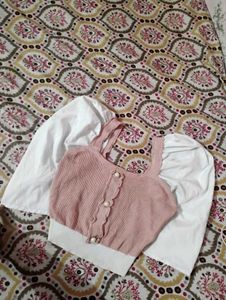 ❤️Chic Pink &amp; White Puff Sleeve Top❤️
