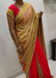 party wear  Gold pink  Saree with Embellished Bord