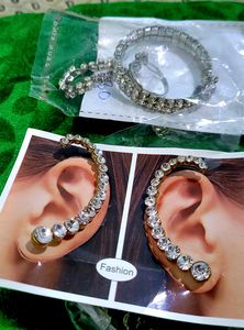 Combo White Diamond Earcuff 1 & WHITE STONE STUDDED RING BRACLET FOR ONE HAND 1
