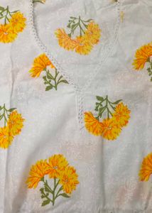 Short White Kurta with Yellow Floral Print