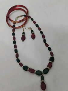 Maroon and Green Colour Necklace With Earings and two Bangles