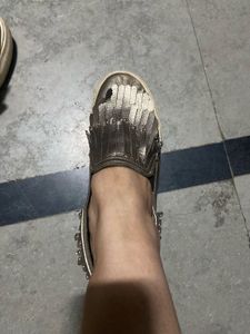 RENBEN Silver Fringe Slip-On Shoes