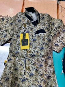 Boys Floral Print Kurta Pajama Set | Cream &amp; Royal
