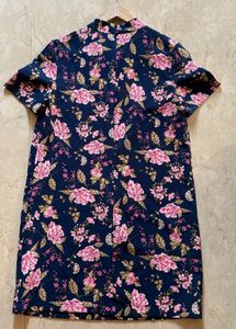 Navy Floral Print A-Line Dress with Choker Neck