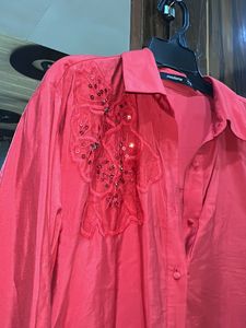 Red Embellished Button-Down Shirt