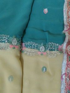 Teal &amp; Beige Embroidered Saree