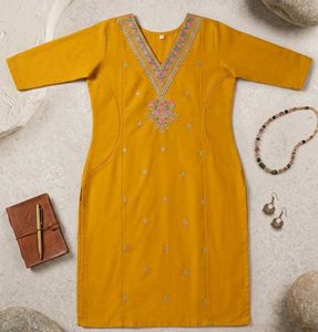 Yellow Embroidered Cotton Kurta