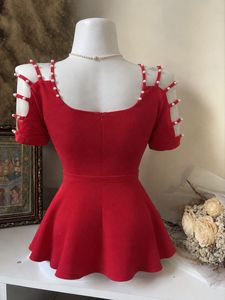 Red Peplum Cute Korean Top with Pearl Detail