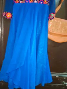 Elegant Embroidered Blue Ethnic Gown and bag free