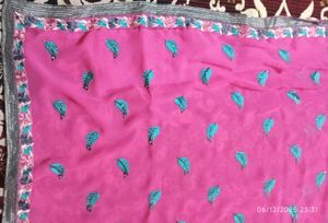 Beautiful Pink Saree with Leaf Embroidery
