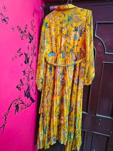 Yellow Floral Pleated Midi Dress