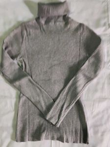 Grey Ribbed Turtleneck Sweater