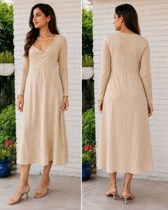 Elegant Beige Cowl Neck Midi Dress