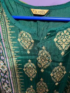 Green Ethnic Kurta with Yellow Print