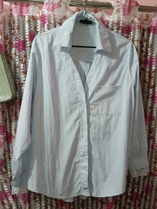 Light Blue  Button-Up Shirt with Lace Cuff