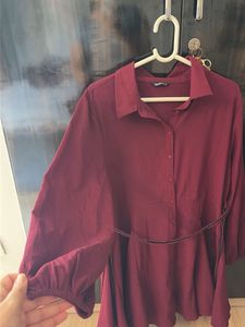 Maroon Button-Up Shirt Dress with Belt Size L