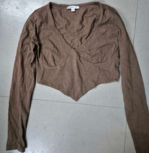 Brown Long Sleeve V-Neck Crop Top