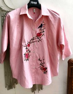 Embroidered Pink Striped Shirt L