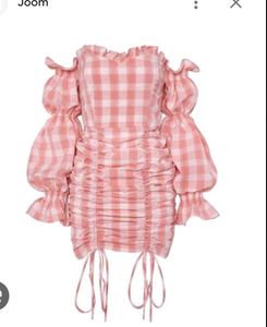 Newme asia Pink Gingham Off-Shoulder Ruched Dress