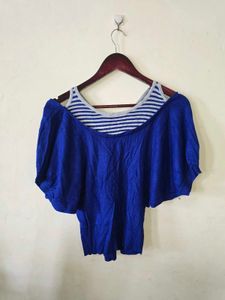 Blue Dolman Sleeve Top with Striped Underlayer