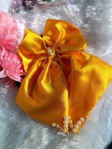 Elegant Yellow Satin Bow with Pearls