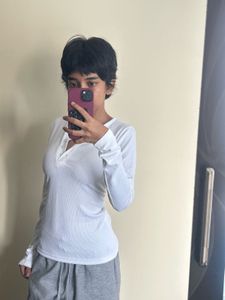 White Long sleeve Henley and zebra print sc